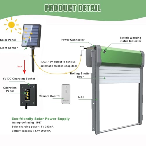 Heifriday Automatic Chicken Coop Door Solar Powered for Chicken Run Anti-Pinch Design Auto Chicken Door Charge with Solar Panel Large Chicken Coop Accessories, Green