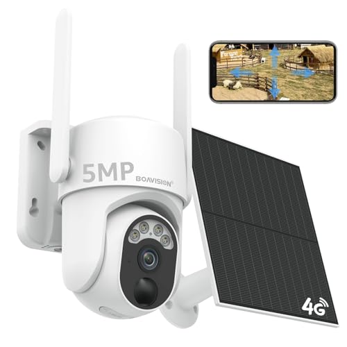 BOAVISION 4G LTE Cellular Solar Security Camera Wireless Outdoor, Alert PTZ Cameras with 5MP HD Night Vision, PIR Motion Sensor, 2 Way Audio, No WiFi Needed Security Camera