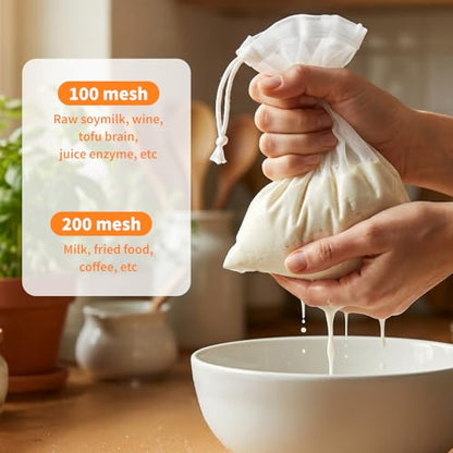 6 Pcs Nut Milk Bag Reusable, Dual Mesh Sizes (100 & 200) Nylon Strainer Bags for Almond Milk, Cold Brew Coffee, Juice, Tofu - 5.9x7.87 Inch Cheese Cloth Bags for Kitchen Straining