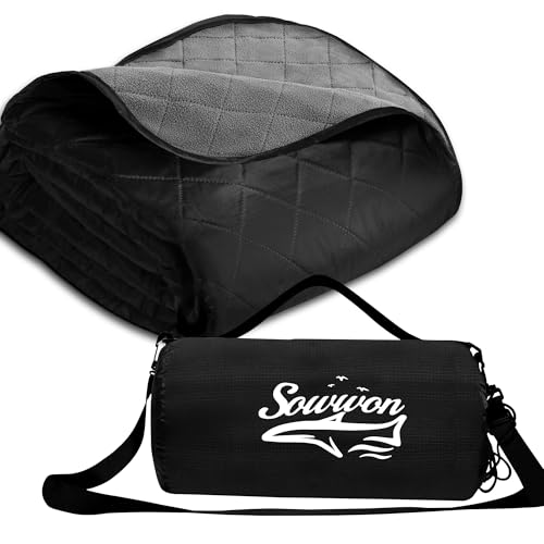 Waterproof Outdoor Blanket 92"x60" Large Quilted Fleece 300GSM Black | Stadium Blankets for Camping, Packable, Windproof Emergency Throw for Grass Picnic Hiking Road Trip, Machine Washable - color: Fleece Black-300 Gsm, size: 92"x 60"