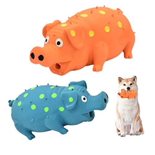 Pig Squeaky Dog Toy, 2 PCS Interactive Rubber Dog Chew Toy - Durable Latex Spot Grunting Pig Toys that Oink for Small Medium Large Dogs (Orange, Blue) - color: Orange, Blue