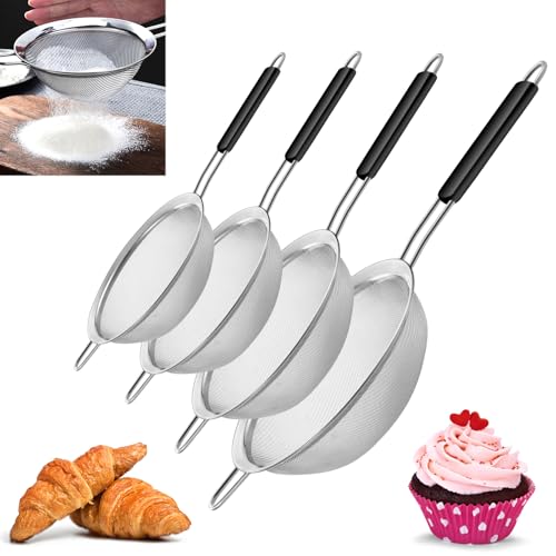 Yimi Fine Mesh Strainers Skimmers Set of 4, Stainless Steel Sieve Strainer Wire Sifter Colanders with Anti-Scald Handle,Kitchen Utensil Ideal for Strain Pasta Quinoa Rice, Ideal for Gift - size: 4-Piece Fine Mesh Strianer Set for Baking