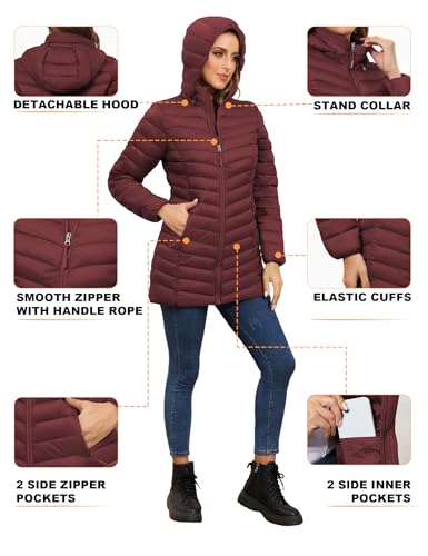 ROYAL MATRIX Women's Packable Puffer Jacket - Lightweight Winter Warm Long Quilted Puffer Coat with Detachable Hood - color: Wine Red, size: X-Large