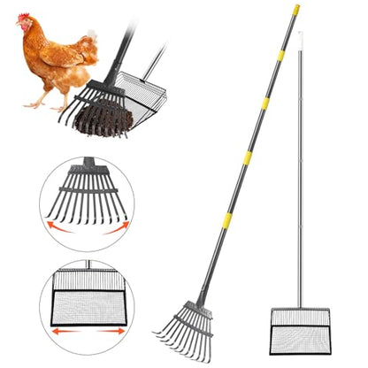 2pcs adjustable heavy 10 inch wide shovel area of chicken scooper for poop（36.6-61.8"long）and 11 tooth chicken coop rake（36.7-73"long）. Suit for cleaning chicken coops, racecourses, and sheep pens