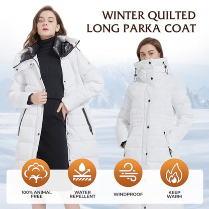 IKAZZ Women's Winter Coats, Thickened Warm Insulated Vegan Down Long Parka Jacket with Hood - color: White, size: XX-Large