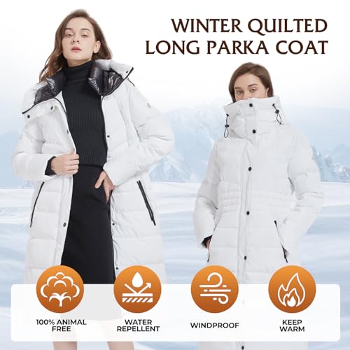 IKAZZ Women's Winter Coats, Thickened Warm Insulated Vegan Down Long Parka Jacket with Hood - color: White, size: X-Large