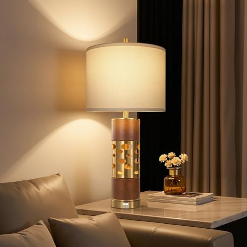 KIVDITZO 27.5" Rustic Living Room Table Lamps Set of 2 with Night Light, Leather Table Lamps with USB A+C Ports for Bedroom, Bedside Lamp with Linen Shade for Office Bedroom Nightstand(Bulb Included)