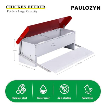 Automatic Chicken Feeder, Galvanized Treadle Poultry Feeder No Waste, Rainproof Metal Auto Chicken Feeder Rat-Proof, No-Spill for Duck Turkey Outside