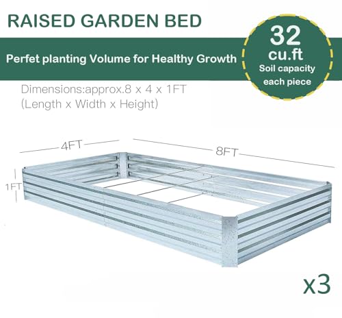 Galvanized Raised Garden Beds 3-Pack (8x4x1ft Each) – Overlapping 4-Inch Panels with Two-Row Screws, Heavy-Duty Metal Planter Box for Vegetables, Herbs, Flowers, Large Garden Kit - size: 8x4x1ft (3 pcs)