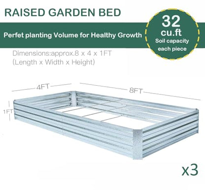 Galvanized Raised Garden Beds 3-Pack (8x4x1ft Each) – Overlapping 4-Inch Panels with Two-Row Screws, Heavy-Duty Metal Planter Box for Vegetables, Herbs, Flowers, Large Garden Kit - size: 8x4x1ft (3 pcs)