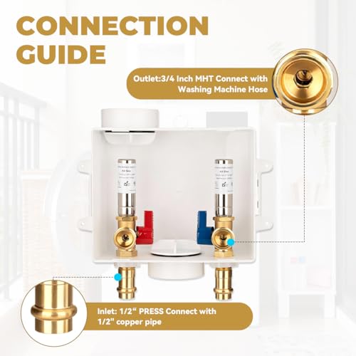 Press Washing Machine Outlet Box with Stainless Steel Water Hammer Arrestor, Center Drain, 1/2 Inch Press (Copper Pipe Only, Press Tool Required) x 3/4 Inch MHT, Washer Faucet Recessed Box - color: PRESS/SS Arrestor