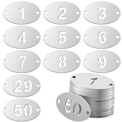 Hicarer 50 Pcs Metal Numbered Tags 1-50 Stainless Steel Number ID Key Tags with Holes Numbered Key Rings Chain(Oval) - style: Oval