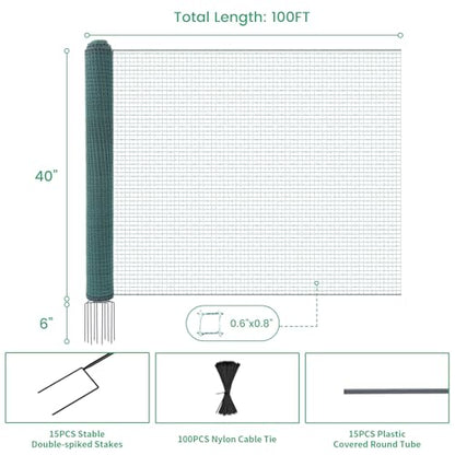 Non Electric Fence Netting 40" x100', Boundary Fence with Double Spiked Posts, Portable Poultry Fence All-Purpose Fencing for Dogs, Chickens, Ducks, Turkeys Suitable in Backyard, Garden, Farm