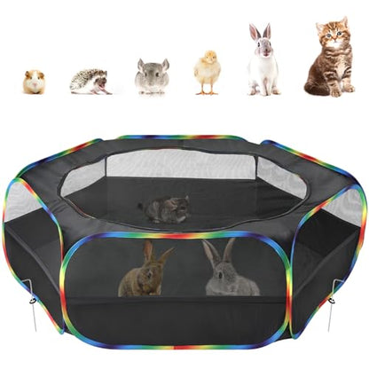 Pawaboo Small Animals Playpen, Waterproof Small Pet Cage Tent with Zippered Cover, Portable Outdoor Yard Fence with 3 Metal Rod for Chick/Kitten/Puppy/Guinea Pig/Rabbits/Hamster, Black + Rainbow - color: Black + Rainbow