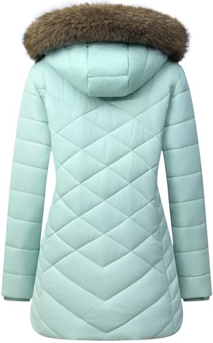 Women's Long Warm Winter Coat Windproof Thickened Fleece Lined Down Jacket Waterproof Puffer Outerwear with Removable Hood - color: Light Green, size: Large