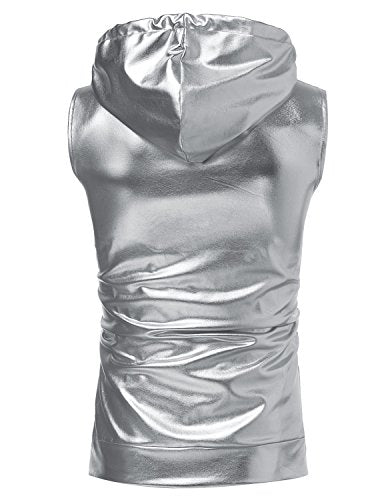 ZEROYAA Mens Shiny Metallic Zip Up Sleeveless Hooded Vest T Shirt with Kangaroo Pocket - color: Z86-silver, size: Medium