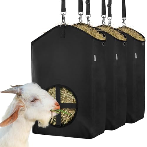 3 Packs Goat Hay Feeder,Hay Bags for Goats,Horses,Sheep,Premium 600D Oxford Cloth,with Metal Fastener and Adjustable Open Feed Hole for Slow Feeding - color: 3Black