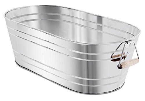 BIRDROCK Home Stainless Steel Beverage Tub with Stand - Bottom Tray - Ice Bucket - Party Drink Holder - Wooden Handles - Outdoor or Indoor Use - Free Standing