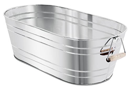BIRDROCK Home Stainless Steel Beverage Tub with Stand - Bottom Tray - Ice Bucket - Party Drink Holder - Wooden Handles - Outdoor or Indoor Use - Free Standing