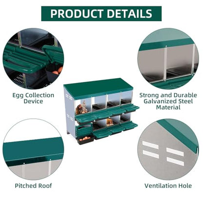 Chicken Nesting Box 8-Compartment – Roll Away Laying Boxes for Hens with Lid Cover & Egg Protection – Heavy Duty Red Poultry Nest Box