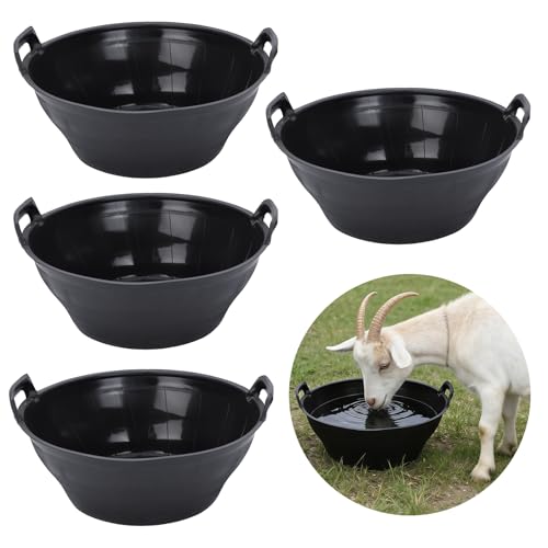 4pack Rubber Feed Pan for Horses, Goats, Pigs – 12 Quart/3 Gallon Heavy Duty Livestock Feeder, Chicken Dust Bath Tub Included – Farm Animal Feeding Bowl
