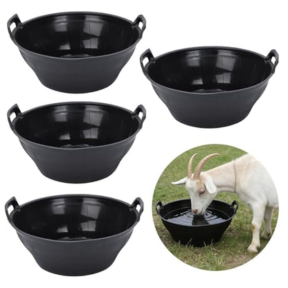 4pack Rubber Feed Pan for Horses, Goats, Pigs – 12 Quart/3 Gallon Heavy Duty Livestock Feeder, Chicken Dust Bath Tub Included – Farm Animal Feeding Bowl