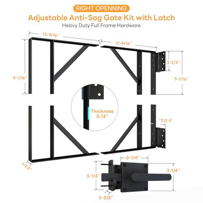 DIYHD Heavy Duty Anti-Sag Gate Kit with Right-Opening Latch, Adjustable Bracket Gate Frame Hardware for Wooden Fence or Patio, Fits 24"-60" Wide, Works with 2x4 Lumber (Wood Not Included) - size: Kit + Right Open Latch