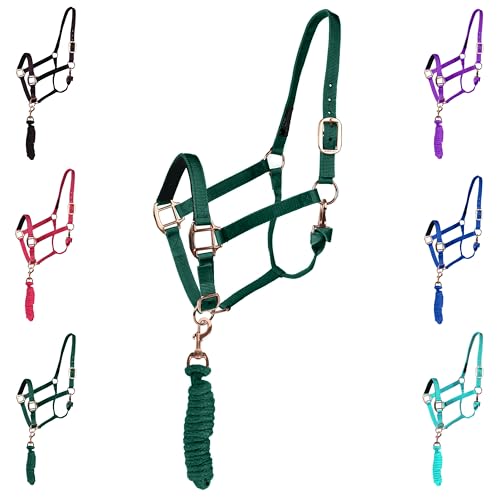 Majestic Ally Halter with Lead Rope for Horses–Adjustable Chin and Crown–Rolled Throat Latch with Replaceable Snap–Padded Noseband–Heavy Duty Rose Gold Finish Hardware - color: Hunter Green, size: Cob