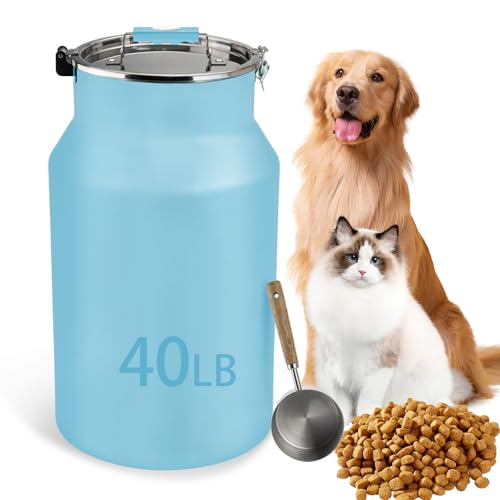 Dog-Cat Food Storage Container 40 lb/38 Qt Large Pet Food Bin with Airtight Lid, 304 Stainless Steel Construction & Scoop Included, Durable Metal Dog Food Storage for Dogs & Cats, Blue