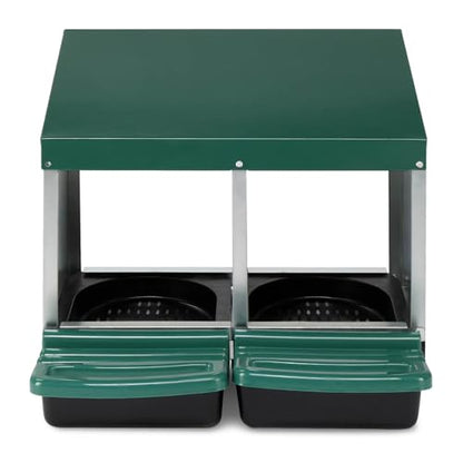 Chicken Nesting Boxes for Laying Eggs 2 Compartment, Roll Away Nest Boxes for Poultry, Pull Out Plastic Basket, Integrated Perch, Steel Frame, Hangable, Chicken Coop Metal for Hens, Ducks, Green - size: 21.3x20.5x18.5in