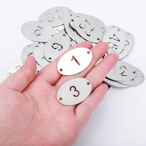 Hicarer 50 Pcs Metal Numbered Tags 1-50 Stainless Steel Number ID Key Tags with Holes Numbered Key Rings Chain(Oval) - style: Oval