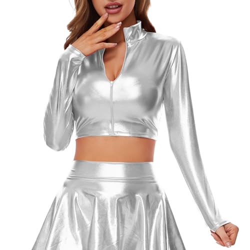 Kepblom Women's Metallic Crop Top Long Sleeve Mock Neck Turtleneck Holographic Zip Up Blouses - color: Silver, size: X-Small