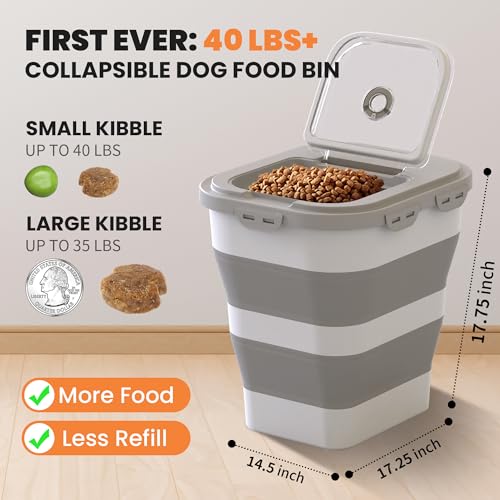 35-40 Lbs Airtight Dog Food Storage Container, Collapsible Dog Food Container with Lid, Wheels, Date Track, Large Pet food storage Container for Rice,Flour,Sugar,Dog Food Scoop,2PCS Containers - color: Grey/40 lbs