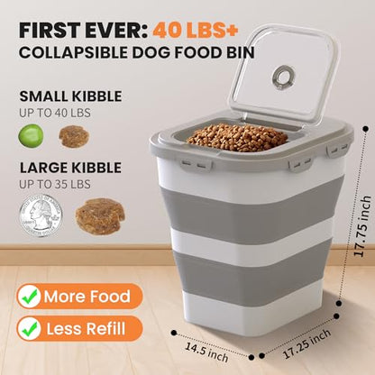 35-40 Lbs Airtight Dog Food Storage Container, Collapsible Dog Food Container with Lid, Wheels, Date Track, Large Pet food storage Container for Rice,Flour,Sugar,Dog Food Scoop,2PCS Containers - color: Grey/40 lbs