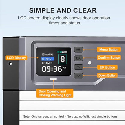 Automatic Chicken Coop Door, Solar Powered Roll-Up Chicken Door with Light Sensor, Timer & Manual Mode, 2500mAh Battery, USB-C Backup, Aluminum Frame, Anti-Pinch, for Chicken Coop Size:13.2''x8.9''