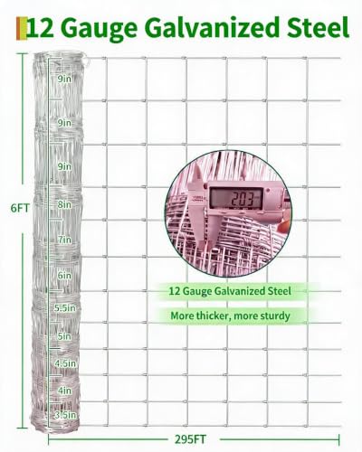 Farm Fence 6ft x 295ft, 12 Gauge Heavy Zinc Coating Cattle Panel Fence Galvanized Woven Wire Field Fencing Livestock Fence, Durable Chain Link Hog Wire Fencing for Yard Garden Sheep Goat Deer Horse - size: 6ft x 295ft