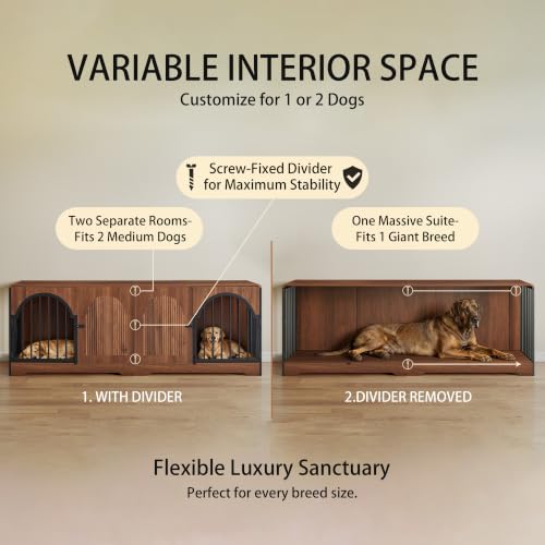 87" Extra Large Dog Crate TV Stand for 2 Dogs, Double Dog Crate with Removable Divider, Heavy Duty Wooden Dog Kennel with Arched Metal Doors & 4.3" Robot Vacuum Clearance, Ships in 2 Boxes (Walnut) - color: Walnut