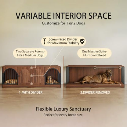 87" Extra Large Dog Crate TV Stand for 2 Dogs, Double Dog Crate with Removable Divider, Heavy Duty Wooden Dog Kennel with Arched Metal Doors & 4.3" Robot Vacuum Clearance, Ships in 2 Boxes (Walnut) - color: Walnut