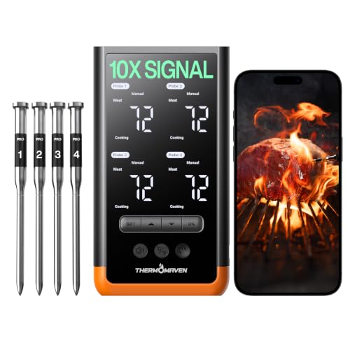 ThermoMaven Sub-1G Wireless Meat Thermometer, 4 Probes WiFi Thermometer | 3000FT Open Range, Smart App + Base Control, 6 Sensor NIST ±0.5°F Accuracy, BBQ Smoker Grill Oven, Brisket Steak Turkey Pork - color: Orange-Quad Probe