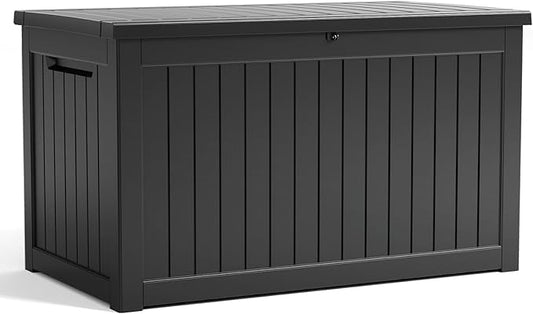 PatioZen 230 Gallon Resin Deck Box, Lockable Patio Outdoor Storage Box for Furniture, Garden Tools and Tools Storage, Waterproof Outside Storage Boxes - Black - color: Black, size: 230 Gallon