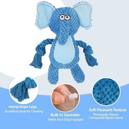 Cotton Rope Squeaky Dog Toy with Crinkle Paper – Interactive Plush Chew Toy for Small & Medium Puppies, Elephant Design - color: Blue