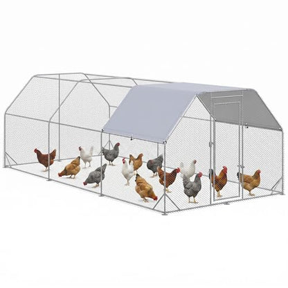 PawHut Large Chicken Coop Metal Chicken Run with Waterproof and Anti-UV Cover, Flat Shaped Walk in Fence Cage Hen House for Outdoor and Yard Farm Use, 1" Tube Diameter, 9.2' x 18.7' x 6.4' - size: 9.2' x 18.7' x 6.4'