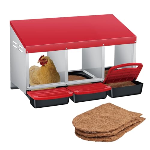 3-Compartment Chicken Nesting Box for Hens – Roll-Out Egg Trays, Removable Galvanized Steel Tray, Perch, Easy-Clean, Wall Mount or Freestanding – Sturdy Poultry Coop Laying Box – Red, Three Grids