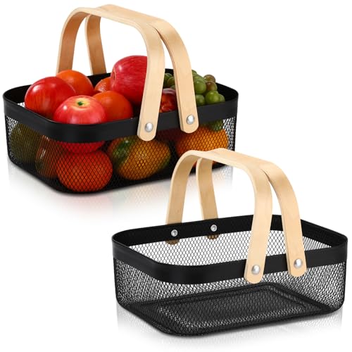 Sadnyy 2 Pcs Black Metal Wire Storage Basket with Handle Mesh Harvest Durable Vegetables Fruit Toy Basket for Garden Organizing, Kitchen, Countertop, Closet, Bedroom (12.6 x 9.7 x 4.3 Inch) - color: Black, size: 12.6 x 9.7 x 4.3 inch