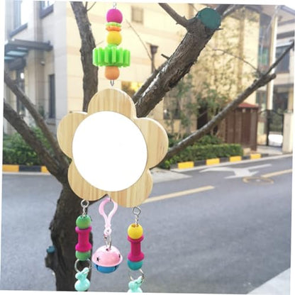 Abaodam Funny Chicken Toy Wooden Hanging Mirror for Hens Pet Rooster Mirror Pendant Coop Toys Bells Random Color