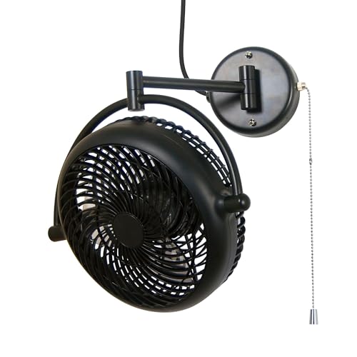 Wall Fans Wall Mounted 10-Inch Plug In RV Wall Mount Fans Quiet Oscillating | Small Black Wall Fan with Pull Chain, Adjustable Folding Arm, 2-Speed Outdoor Porch Fans for Bedroom Living Room Bathroom - color: Black