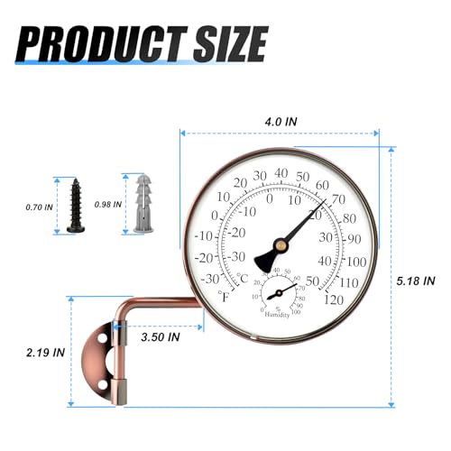 MEANLIN MEASURE 4" Brass Wall-Mount Outdoor Thermometer, Swivel Indoor Outdoor Thermometer with Humidity Gauge, Decorative Analog Temperature Gauge for Patio, Window, Greenhouse, Garage, Garden, Wall
