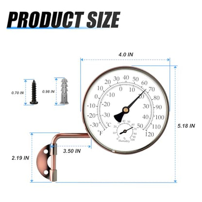 MEANLIN MEASURE 4" Brass Wall-Mount Outdoor Thermometer, Swivel Indoor Outdoor Thermometer with Humidity Gauge, Decorative Analog Temperature Gauge for Patio, Window, Greenhouse, Garage, Garden, Wall
