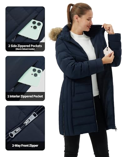 Pioneer Camp Women's Winter Coats Warm Thicken Long Puffer Jacket Waterproof Quilted Parka with Removable Faux Fur Hood - color: Navy Blue, size: Small