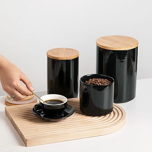 Sweejar Ceramic canisters for kitchen counter,Stackable Food Containers Set with Airtight Seal Bamboo Lid for Serving Ground Coffee, Tea, Spice, Flour and Sugar-Set of 3 (Black) - color: Black, style: 16/28/58 Fl Oz (Set of 3)